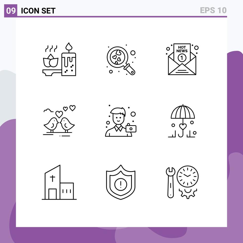 conjunto de 9 iconos de interfaz de usuario modernos símbolos signos para cámara boda noticias de última hora informe de amor elementos de diseño vectorial editables vector