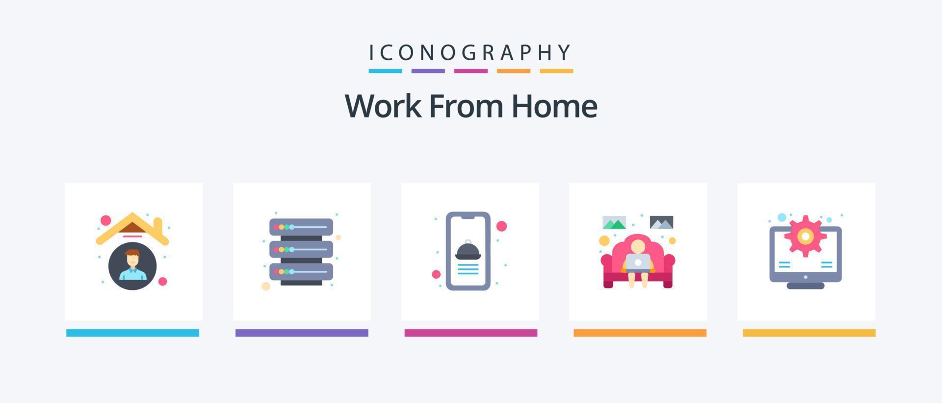 Work From Home Flat 5 Icon Pack Including employee management. home work. food. worker. sofa. Creative Icons Design vector