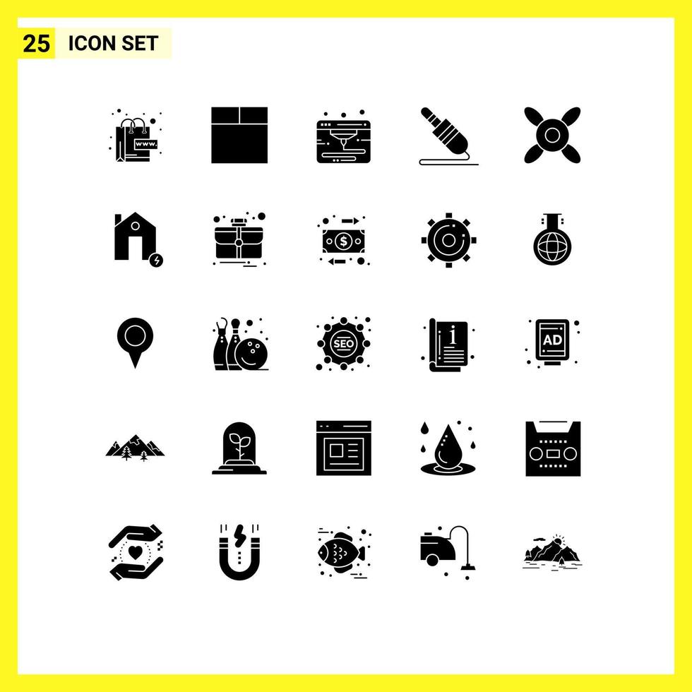 25 Universal Solid Glyph Signs Symbols of charge battery printer fan technology Editable Vector Design Elements