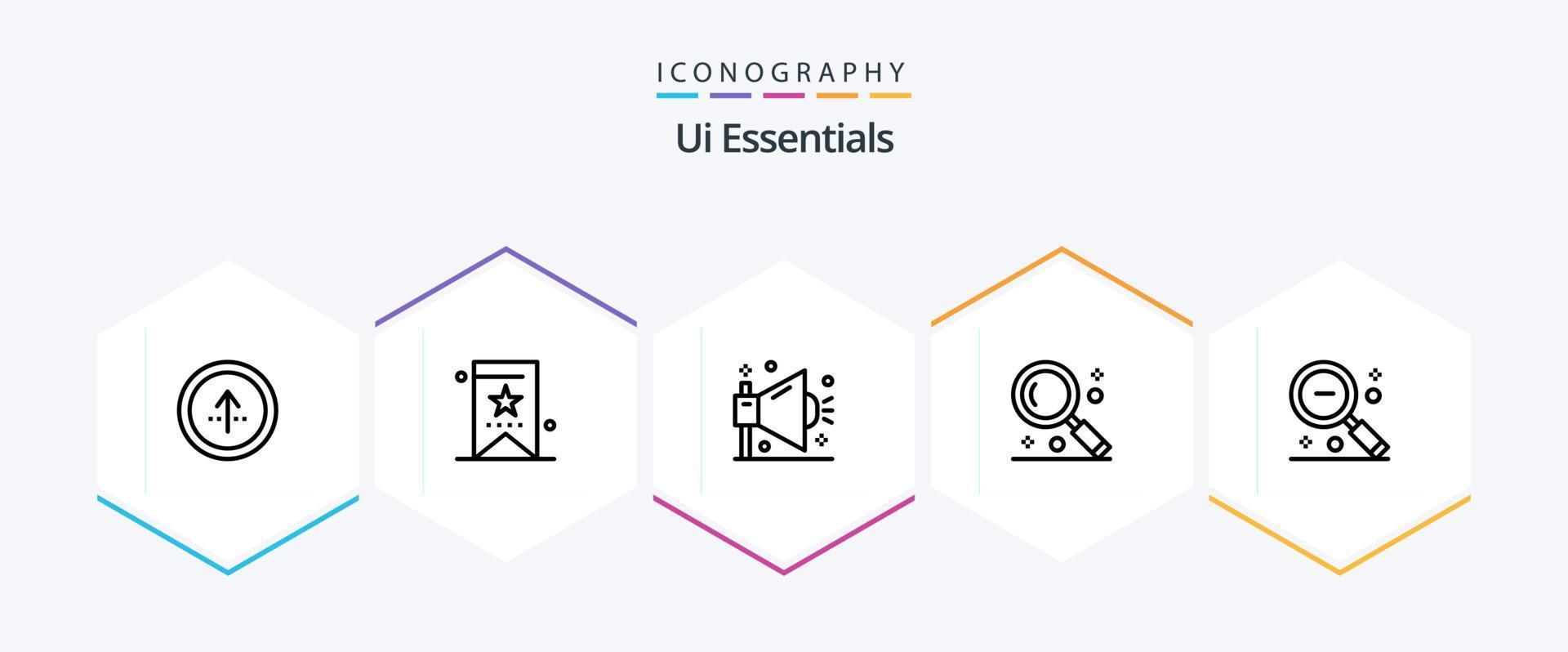 Ui Essentials 25 Line icon pack including magnifying. interface. tag. shout. optimization vector