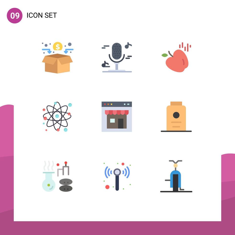 Pack of 9 Modern Flat Colors Signs and Symbols for Web Print Media such as page interface food browser molecule Editable Vector Design Elements