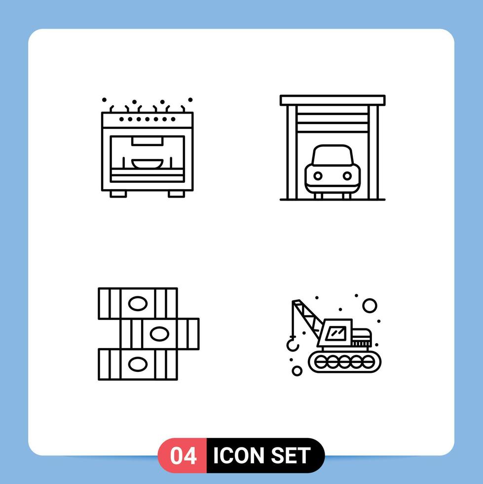 4 Thematic Vector Filledline Flat Colors and Editable Symbols of kitchen excavator car books transport Editable Vector Design Elements