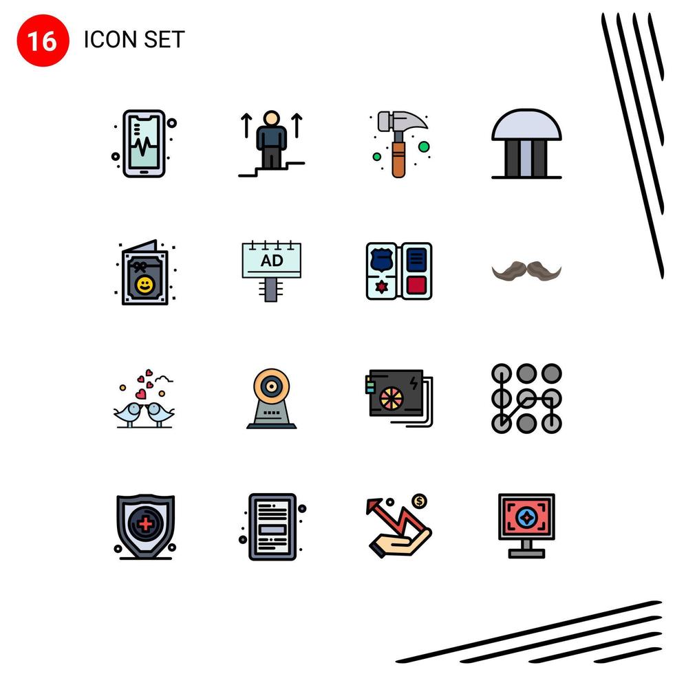 Modern Set of 16 Flat Color Filled Lines Pictograph of celebration courthouse claw hammer court of law court Editable Creative Vector Design Elements
