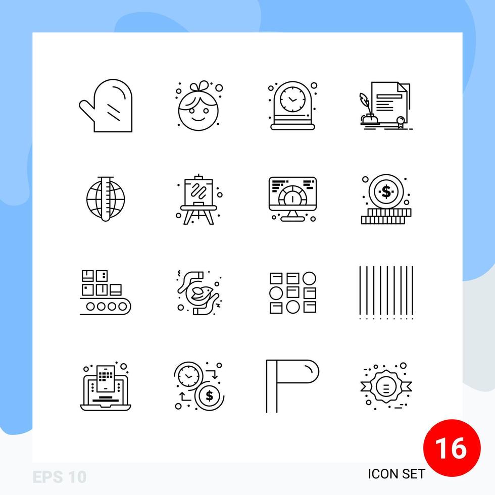 16 Universal Outlines Set for Web and Mobile Applications market analysis agreement clock document contract Editable Vector Design Elements