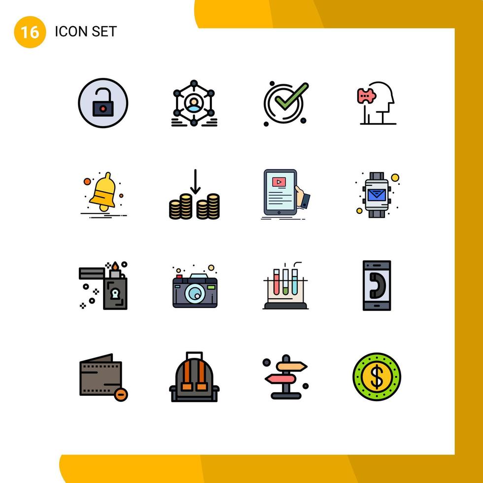 16 Universal Flat Color Filled Lines Set for Web and Mobile Applications bell solution team psychology acknowledge Editable Creative Vector Design Elements