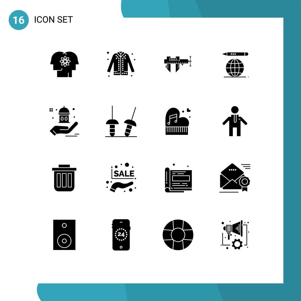 16 Universal Solid Glyphs Set for Web and Mobile Applications pencil world shopping scale micrometer Editable Vector Design Elements