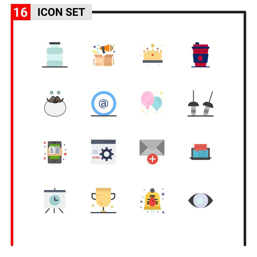 16 User Interface Flat Color Pack of modern Signs and Symbols of moustache juice box drink cap Editable Pack of Creative Vector Design Elements