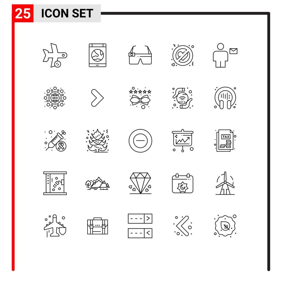 Mobile Interface Line Set of 25 Pictograms of forbidden no love online adultery google glass Editable Vector Design Elements