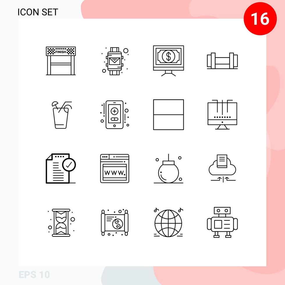 Set of 16 Commercial Outlines pack for drink tools smart watch dumbbells money Editable Vector Design Elements