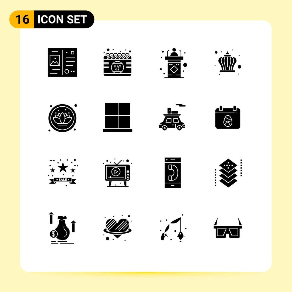Solid Glyph Pack of 16 Universal Symbols of lotus king classroom crown speech Editable Vector Design Elements