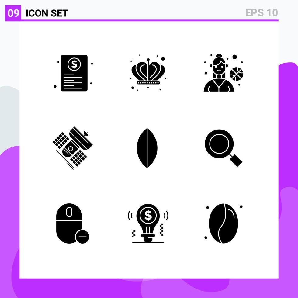 Set of 9 Vector Solid Glyphs on Grid for surf telecommunication basketball player satellite broadcasting Editable Vector Design Elements