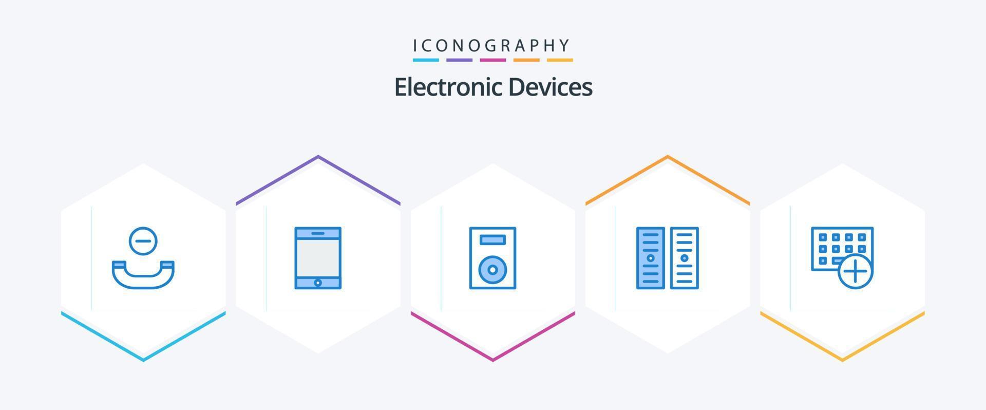 Paquete de 25 iconos azules de dispositivos, incluido el gadget. ordenadores. productos agregar. alojamiento vector