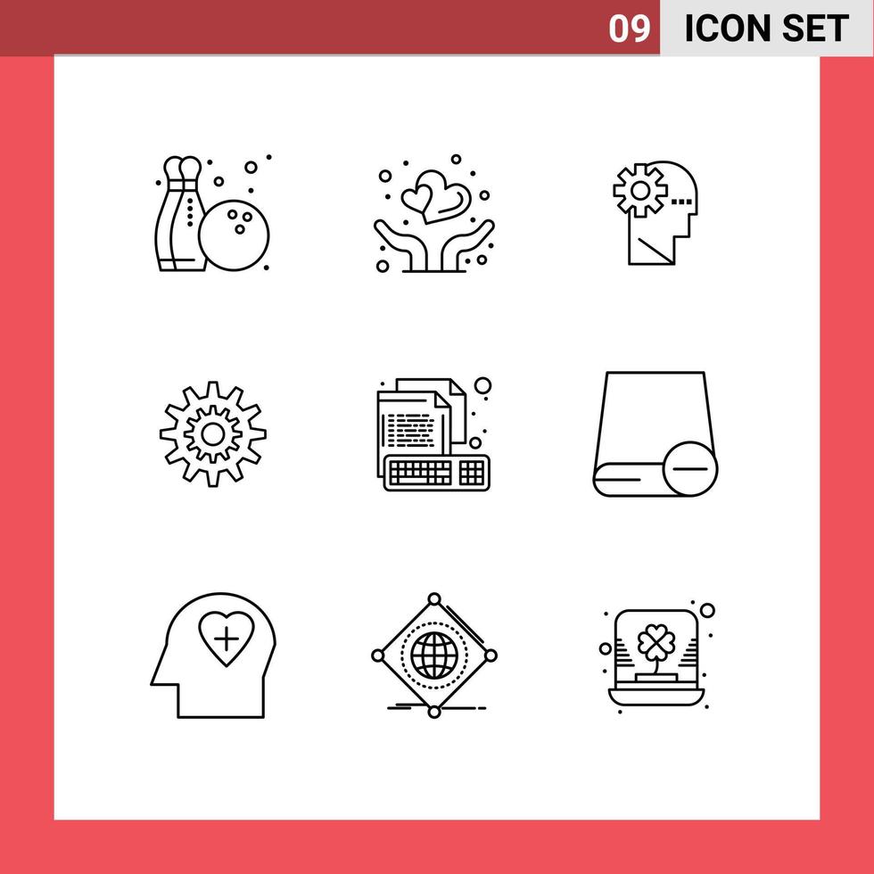 Set of 9 Commercial Outlines pack for work system process production cog Editable Vector Design Elements