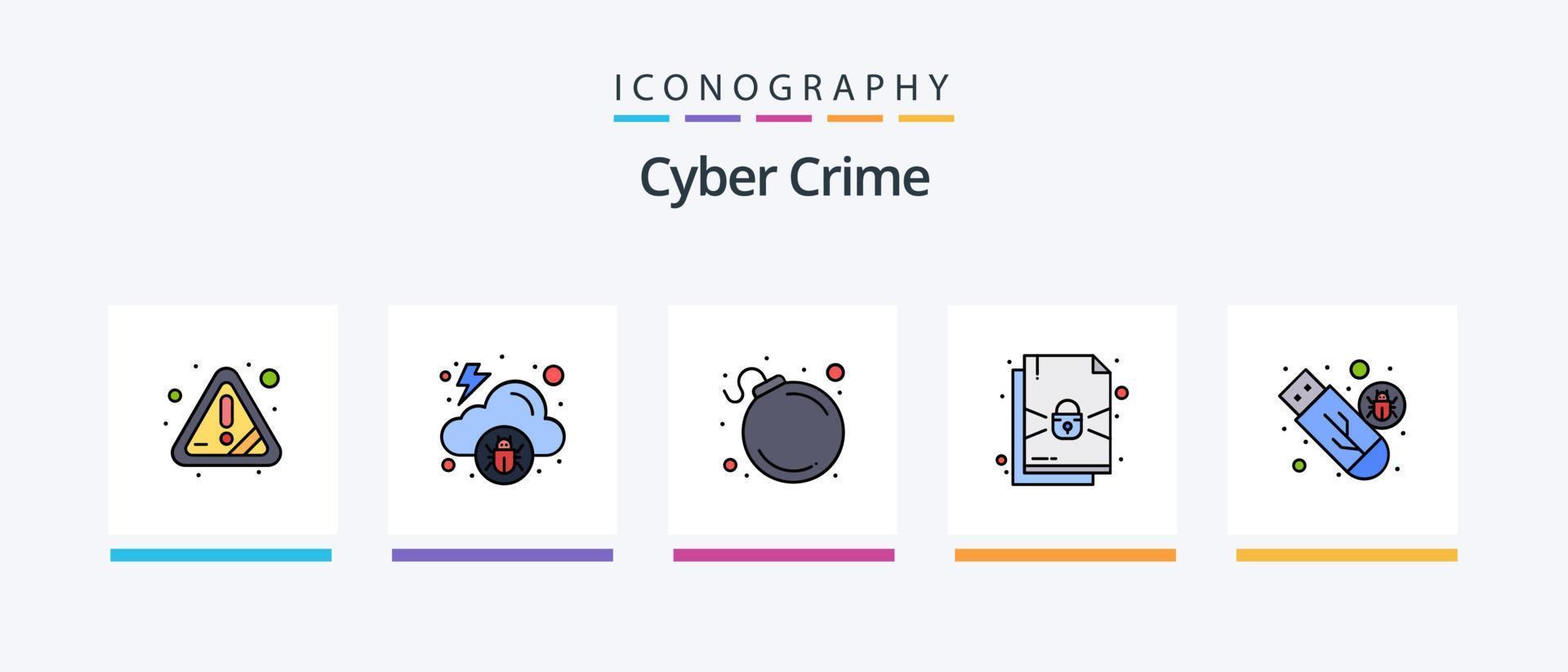 la línea de delitos cibernéticos llenó el paquete de 5 íconos, incluida la seguridad. archivo. computadora portátil. bicho. virus. diseño de iconos creativos vector