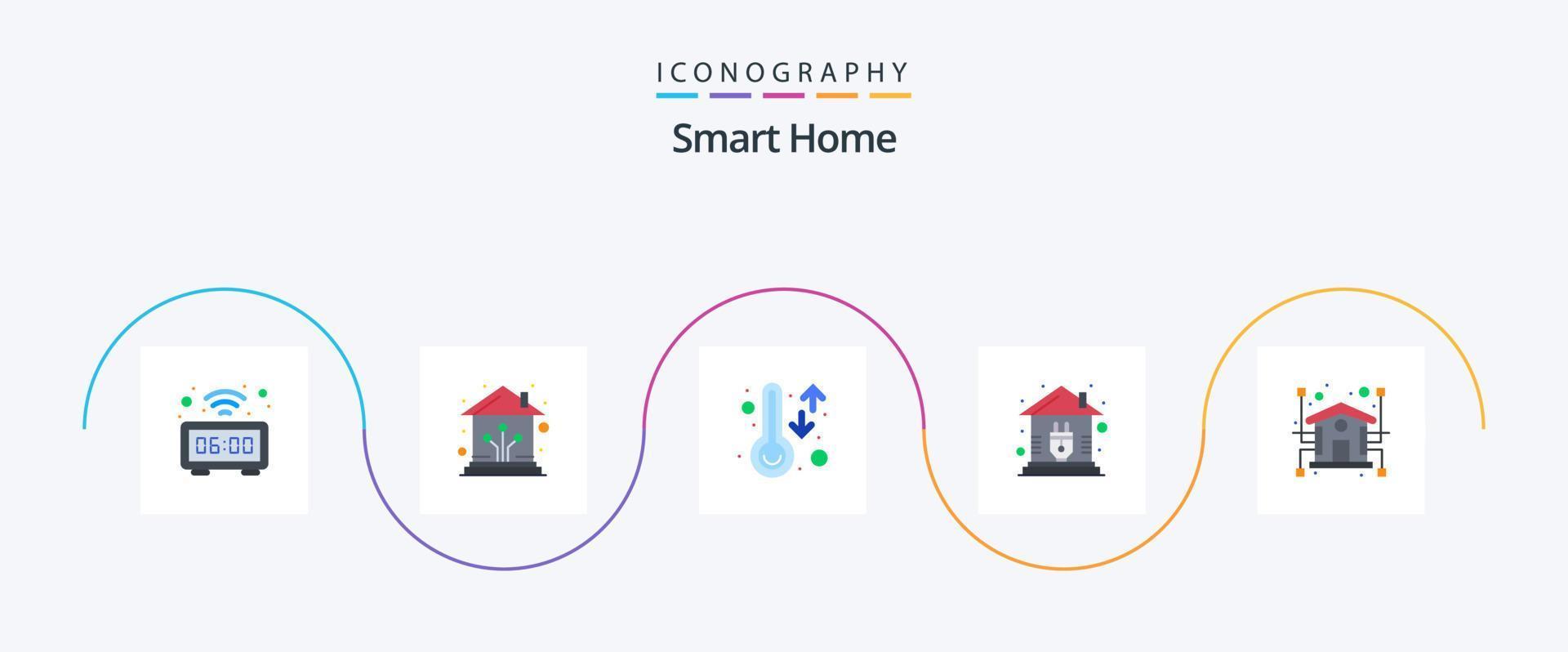 Smart Home Flat 5 Icon Pack Including automation. plug. network. home. weather vector