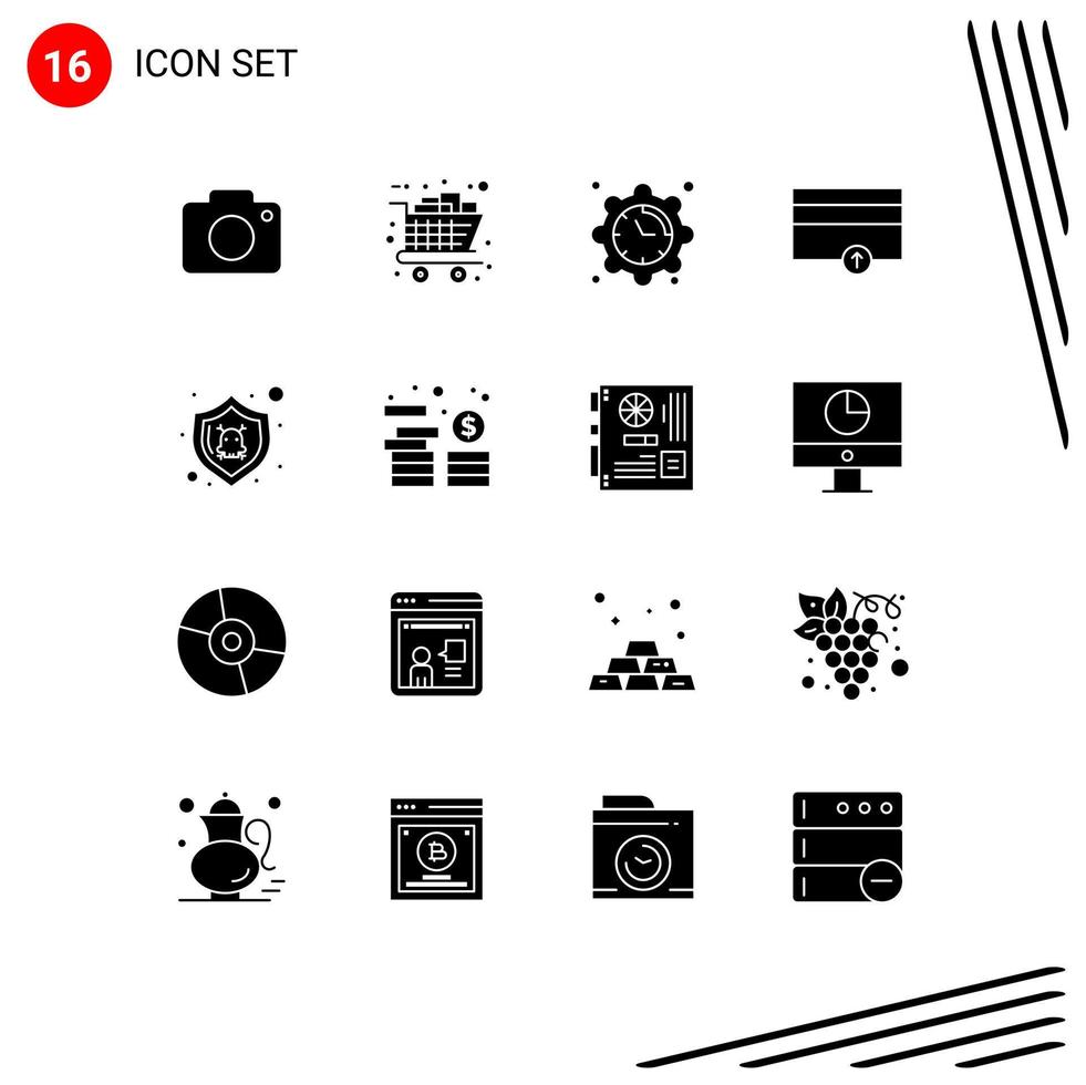 Set of 16 Vector Solid Glyphs on Grid for danger payments shopping money time Editable Vector Design Elements