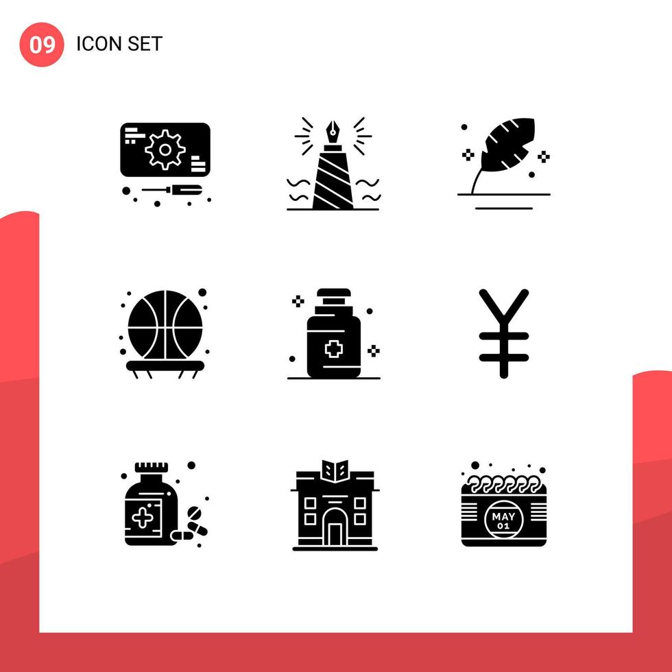 Pack of 9 Modern Solid Glyphs Signs and Symbols for Web Print Media such as health basketball edit backboard quill Editable Vector Design Elements