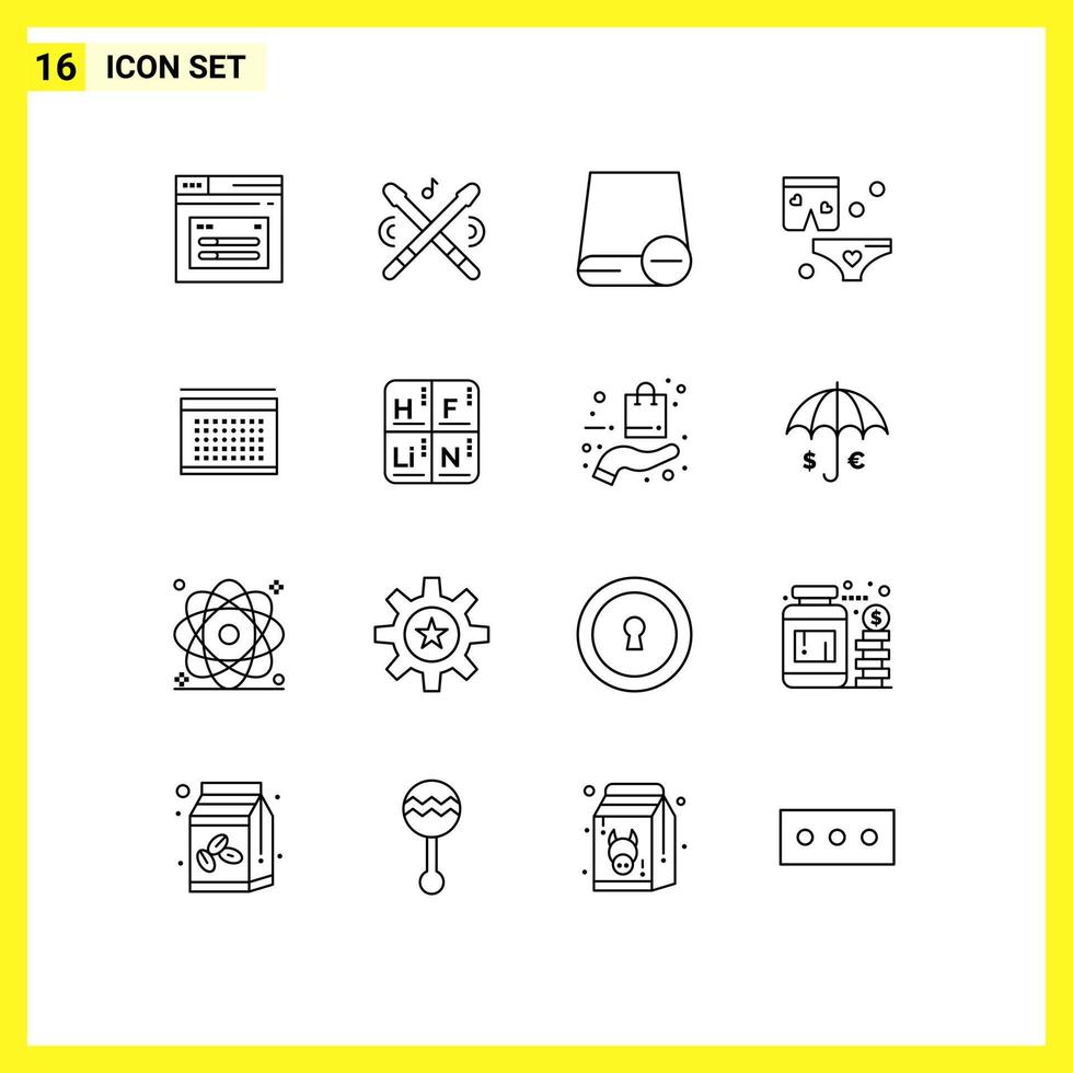 Pictogram Set of 16 Simple Outlines of calendar night computers love hardware Editable Vector Design Elements