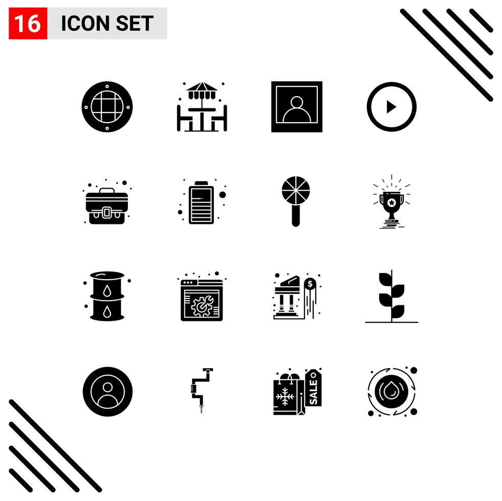 Pack of 16 creative Solid Glyphs of battery suitcase man case user Editable Vector Design Elements