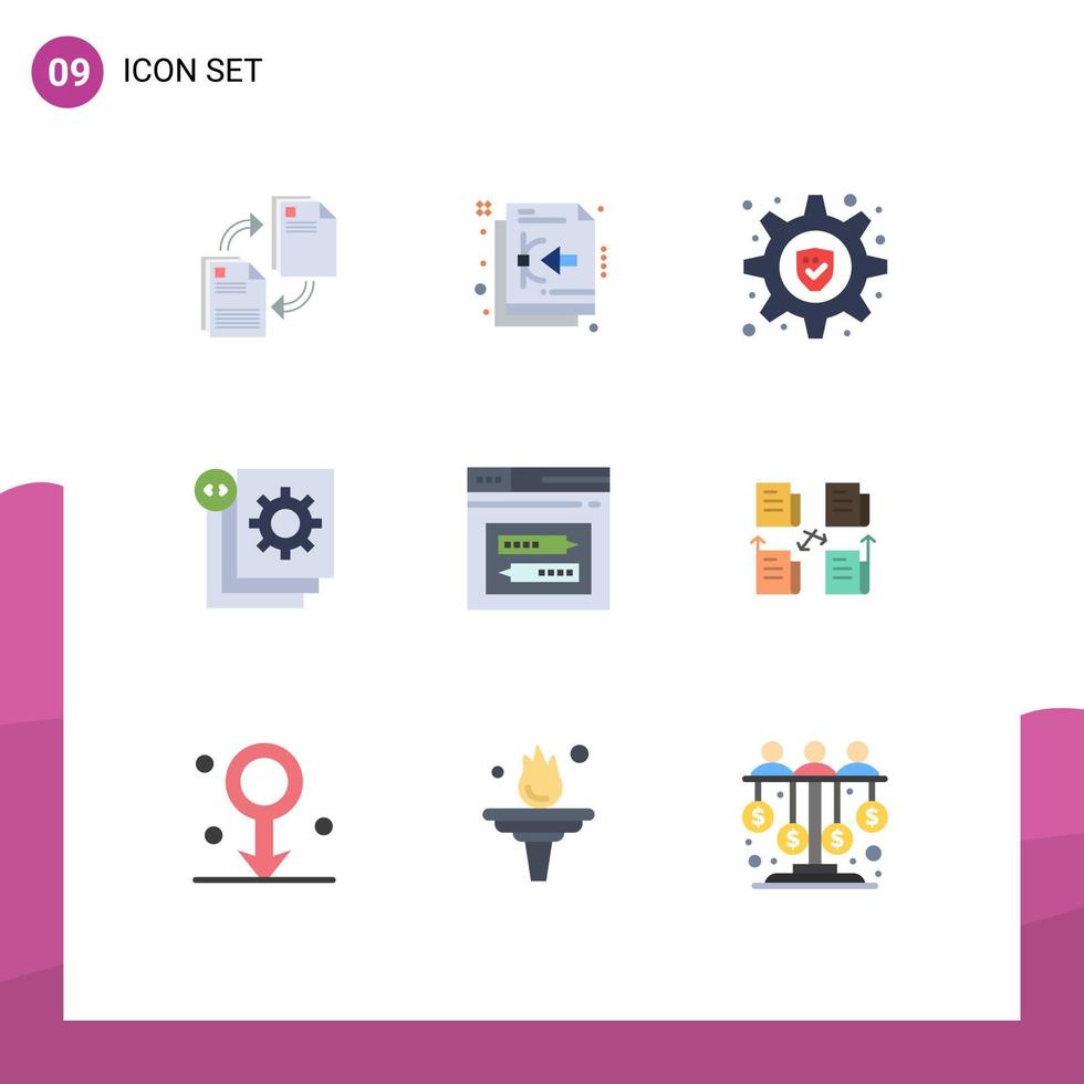 conjunto de 9 colores planos vectoriales en la cuadrícula para el desarrollo de archivos de procesos de Internet que codifican elementos de diseño vectorial editables vector