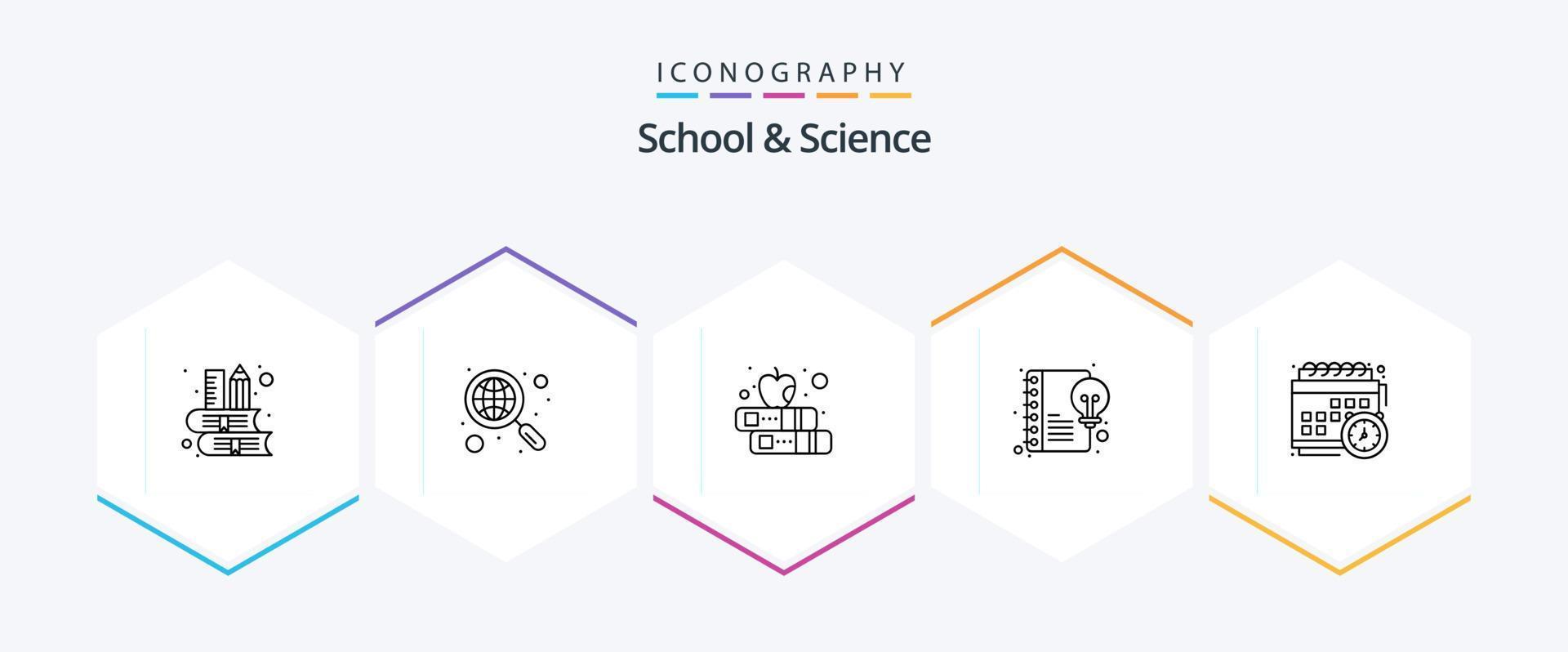 School And Science 25 Line icon pack including education. writing. book. idea. content vector