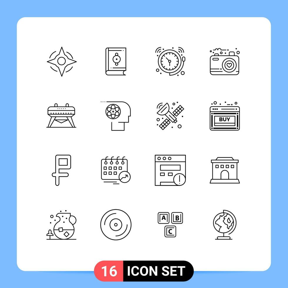 Editable Vector Line Pack of 16 Simple Outlines of gymnastics photo bell love camera Editable Vector Design Elements