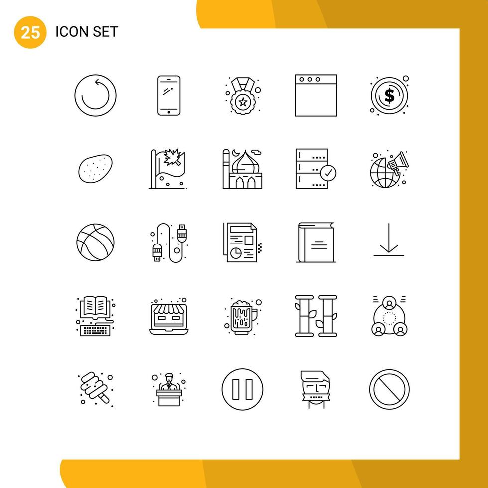 Universal Icon Symbols Group of 25 Modern Lines of dollar circle medal window app Editable Vector Design Elements