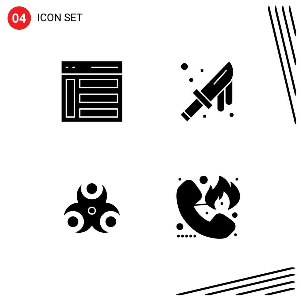 Group of 4 Solid Glyphs Signs and Symbols for communication hazard sidebar cut medical Editable Vector Design Elements