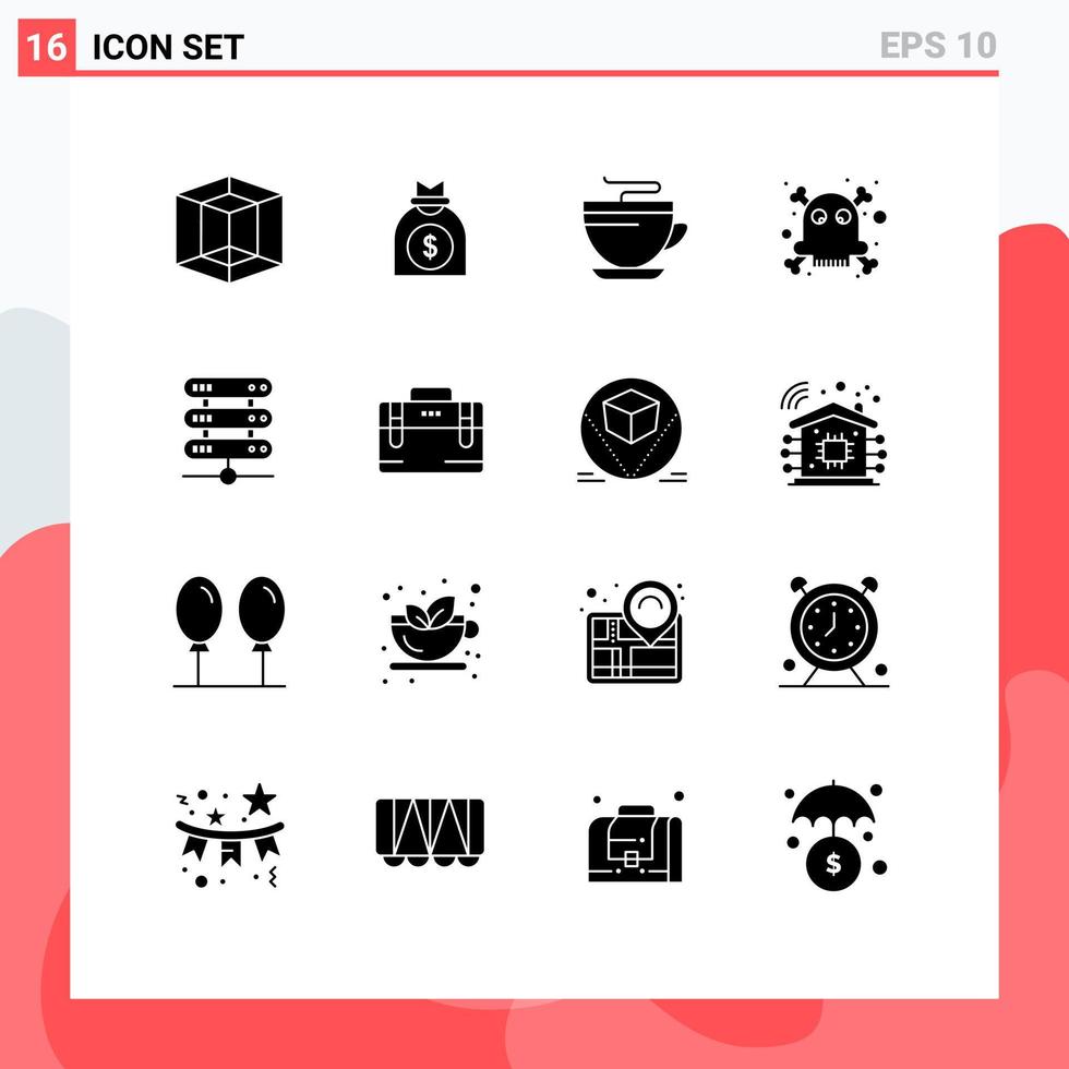 16 Solid Glyph concept for Websites Mobile and Apps storage data coffee computing death Editable Vector Design Elements