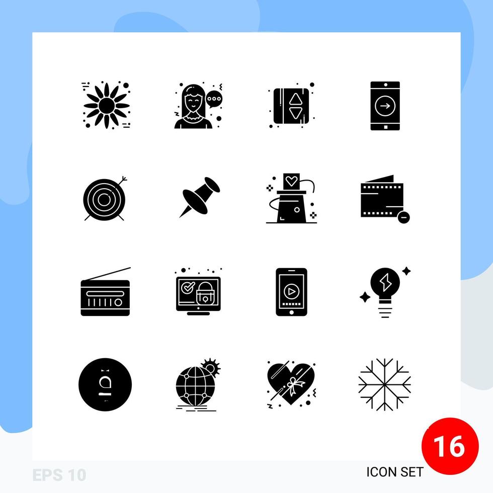 Mobile Interface Solid Glyph Set of 16 Pictograms of marker goal elevator indication dart mobile application Editable Vector Design Elements