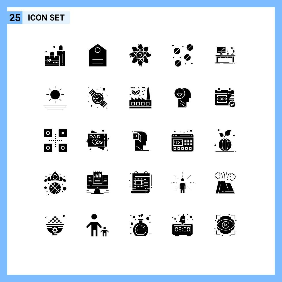 Editable Vector Line Pack of 25 Simple Solid Glyphs of office desk nuclear computer workplace Editable Vector Design Elements