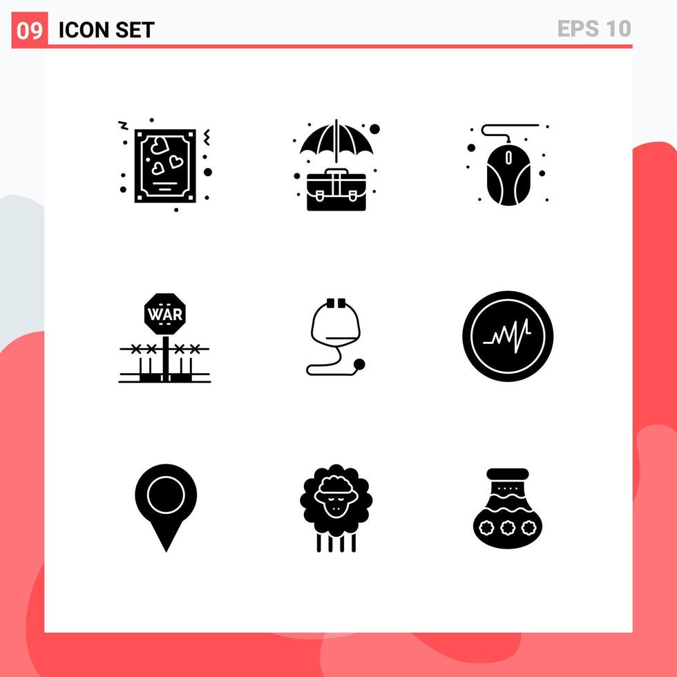 9 Universal Solid Glyph Signs Symbols of medical occupation office military combat Editable Vector Design Elements
