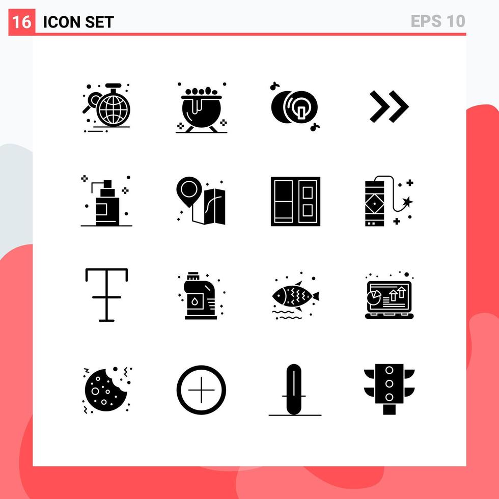 Group of 16 Modern Solid Glyphs Set for room gel cd right arrow Editable Vector Design Elements