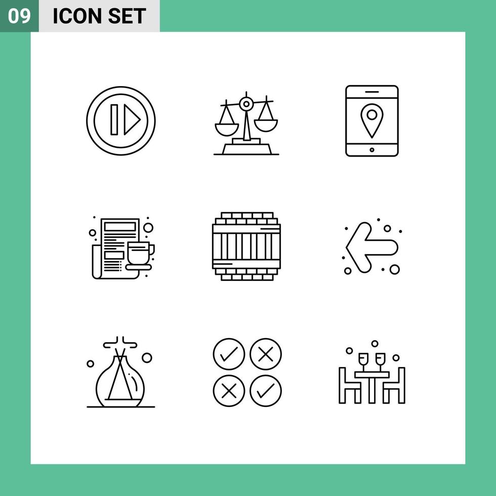 Mobile Interface Outline Set of 9 Pictograms of jail architecture location newspaper cup Editable Vector Design Elements