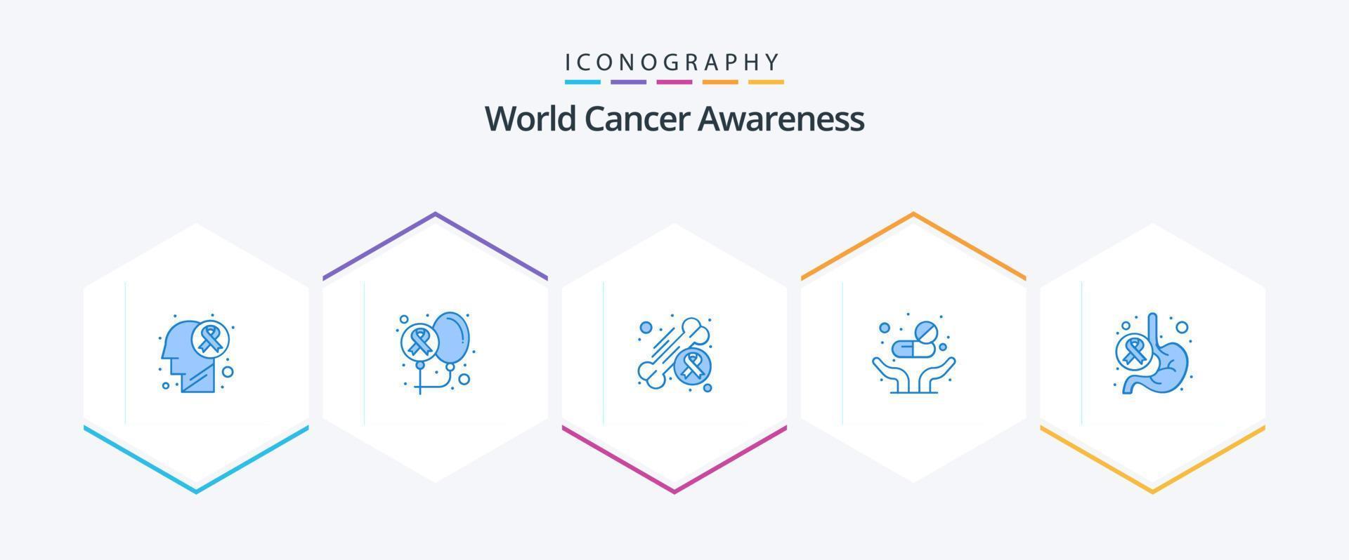 paquete de 25 íconos azules de concientización mundial sobre el cáncer que incluye atención. pastillas mundo. medicamento. día vector