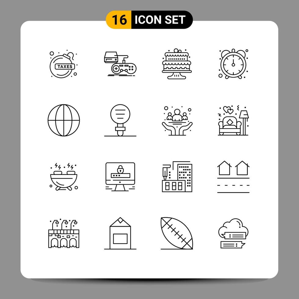 Universal Icon Symbols Group of 16 Modern Outlines of globe stopwatch play productivity cakes Editable Vector Design Elements