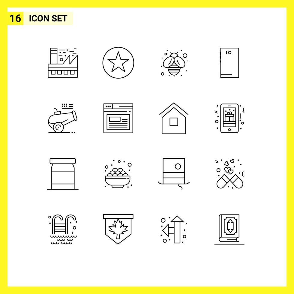 Outline Pack of 16 Universal Symbols of cannon back bee camera smart phone Editable Vector Design Elements