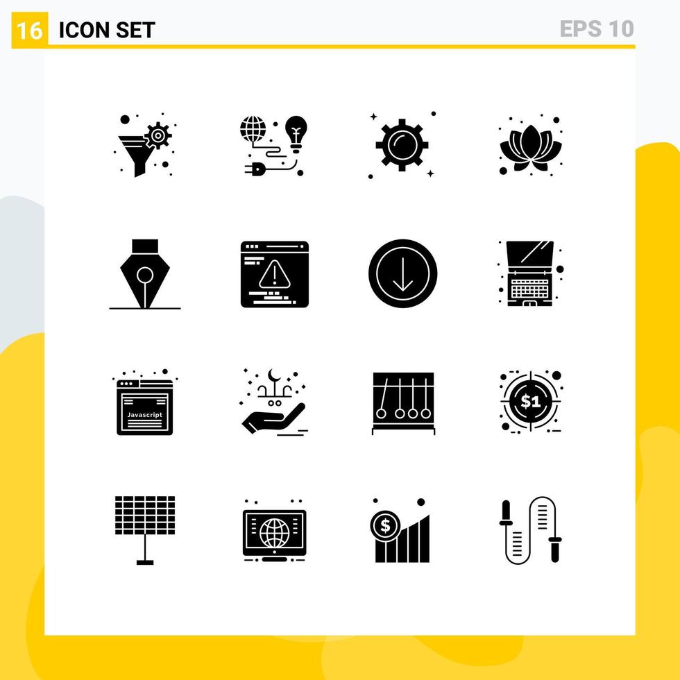 16 Thematic Vector Solid Glyphs and Editable Symbols of pen plant bulb nature trade Editable Vector Design Elements