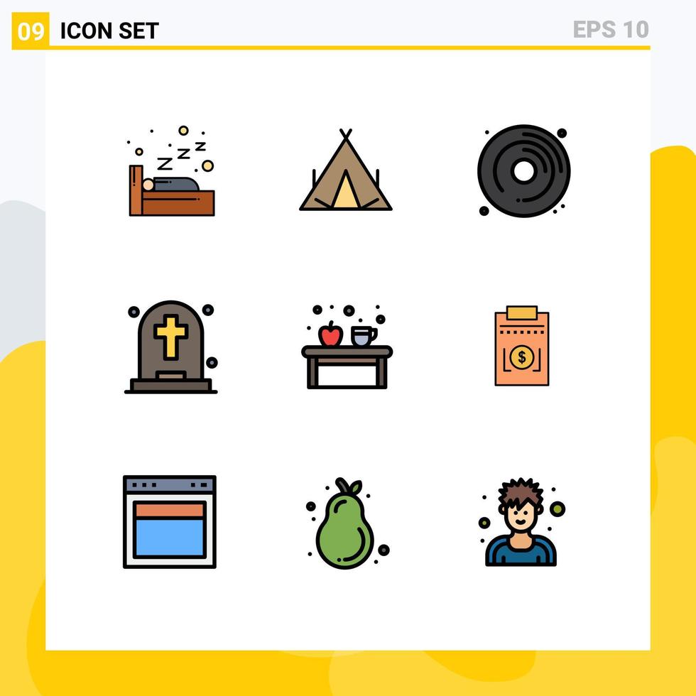 Pictogram Set of 9 Simple Filledline Flat Colors of drink coffee dvd tombstone ghost Editable Vector Design Elements