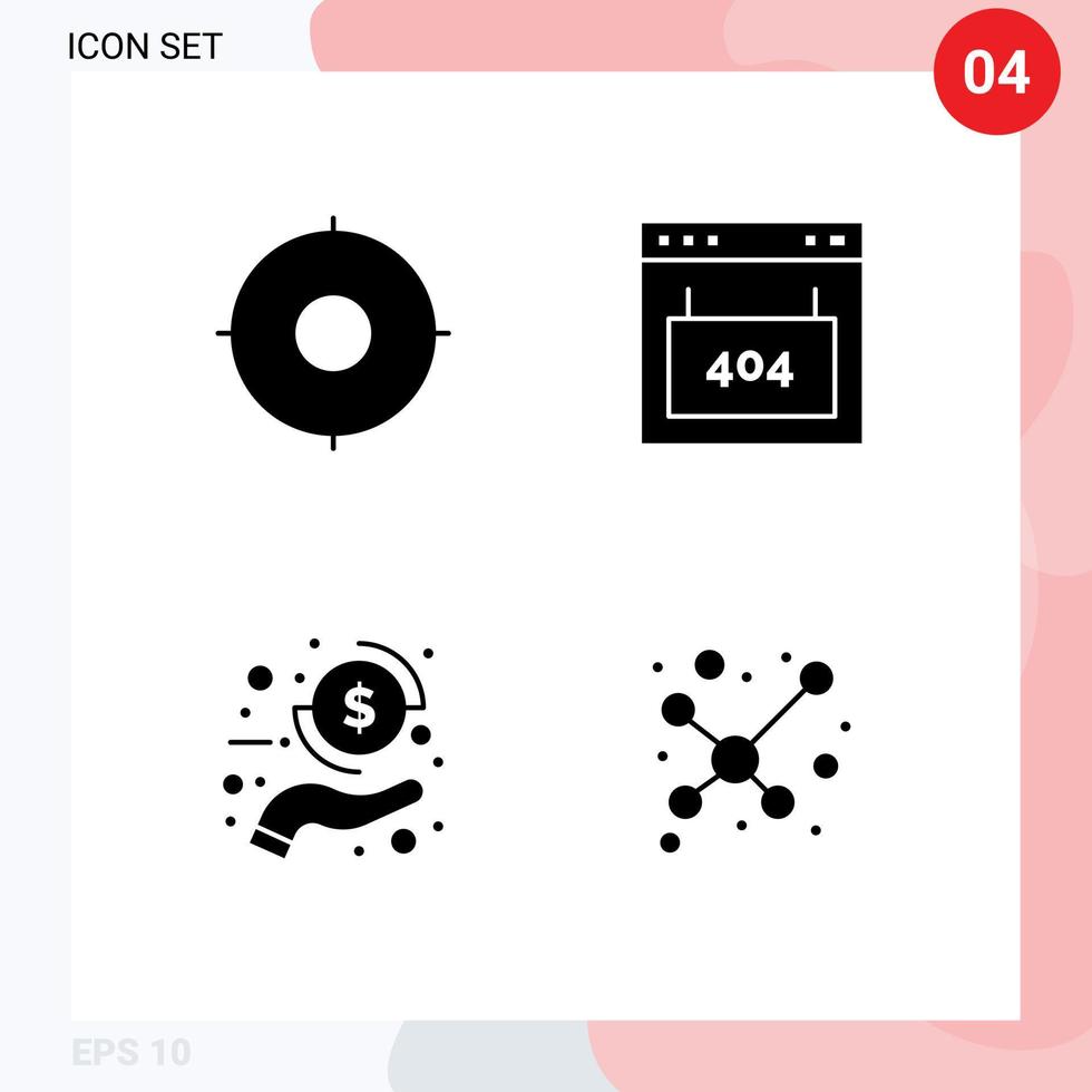 Group of 4 Solid Glyphs Signs and Symbols for circle coin target interface money Editable Vector Design Elements