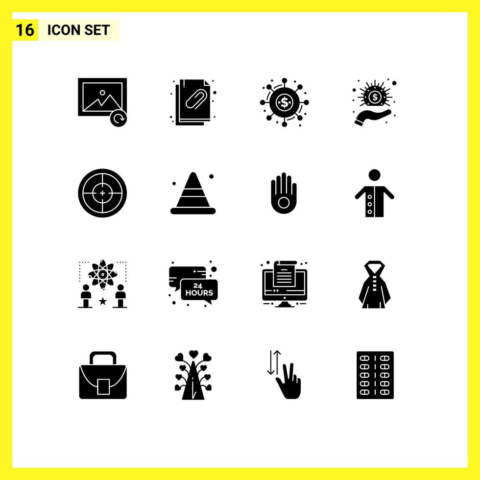 Solid Glyph Pack of 16 Universal Symbols of badge money crowd funding hand business Editable Vector Design Elements