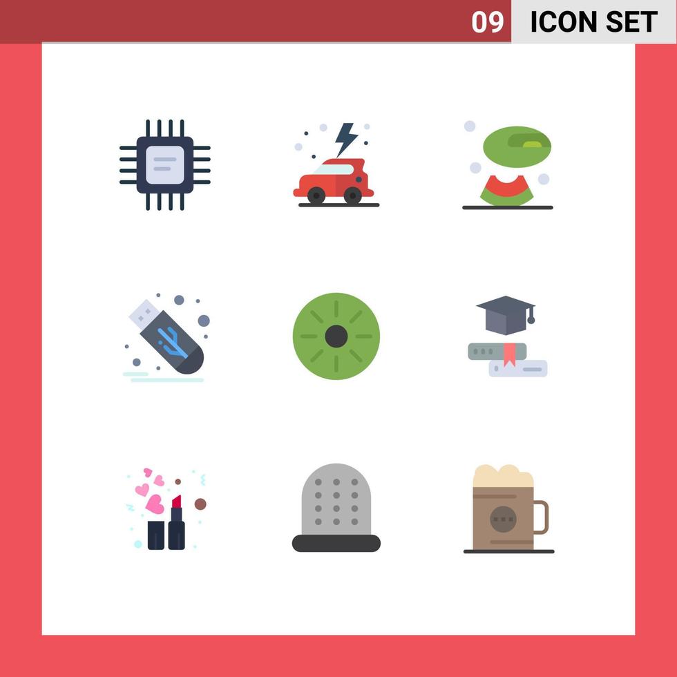Modern Set of 9 Flat Colors Pictograph of kiwi interior drink melon usb flash Editable Vector Design Elements
