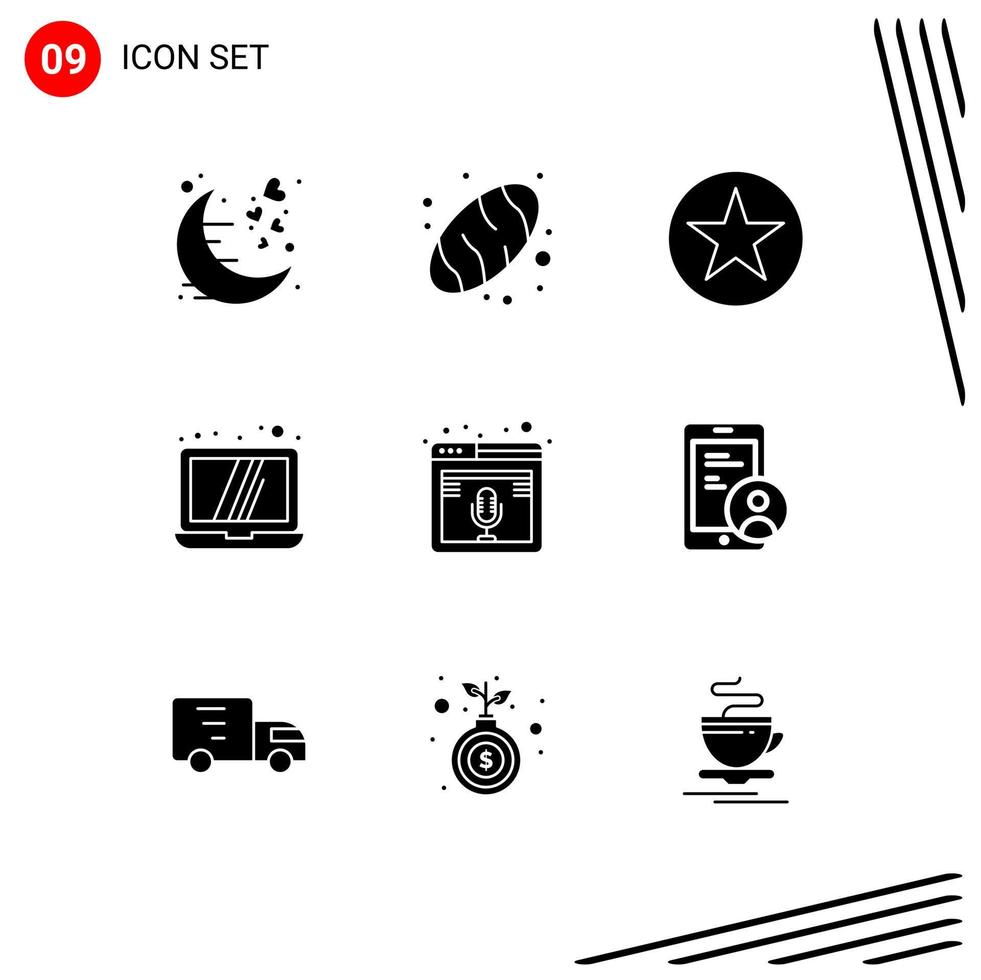 9 Thematic Vector Solid Glyphs and Editable Symbols of microphone technology badge laptop star Editable Vector Design Elements