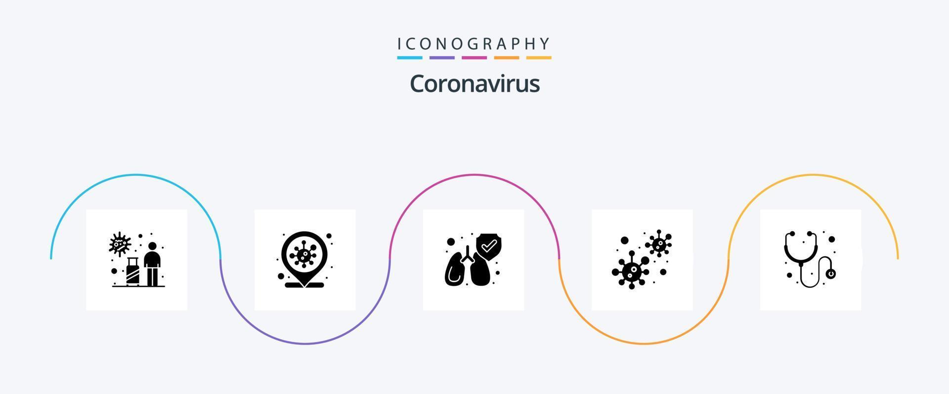 Coronavirus Glyph 5 Icon Pack Including stethoscope. healthcare. protect. covid infection. bacteria vector