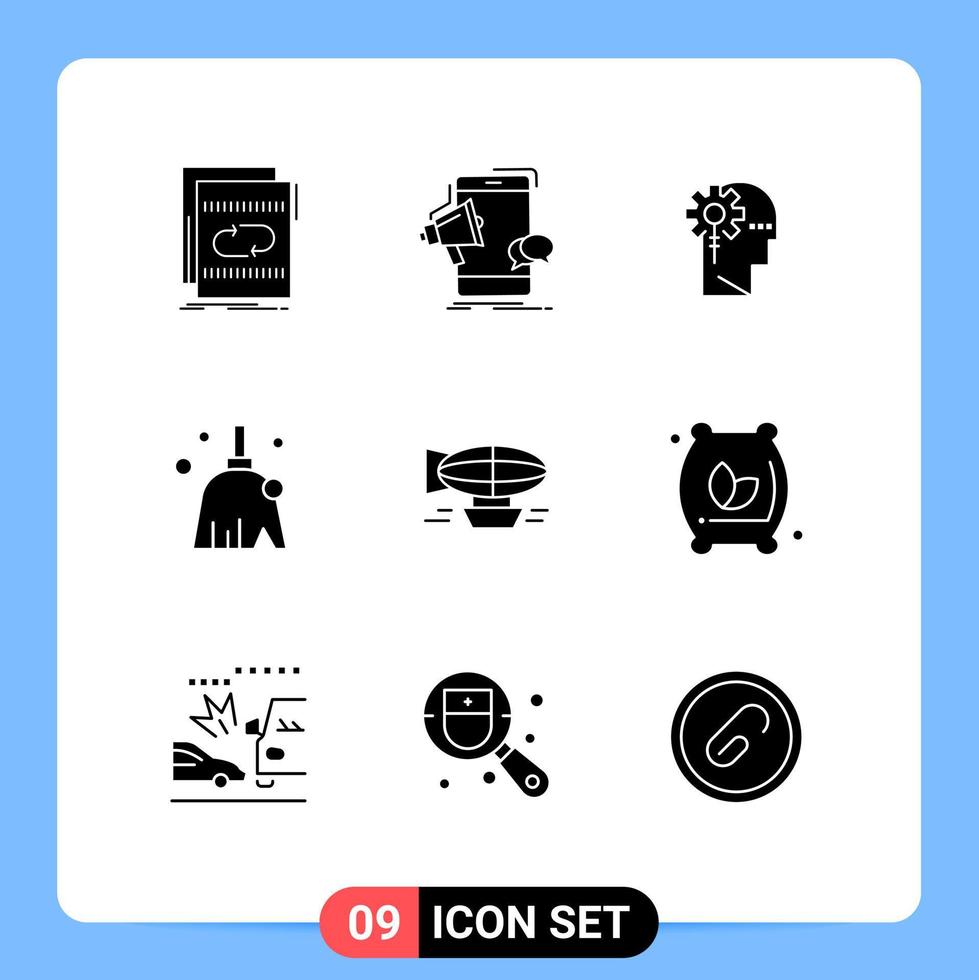 paquete de 9 signos y símbolos modernos de glifos sólidos para medios de impresión web, como limpieza de megáfonos de escoba, procesamiento de elementos de diseño de vectores editables humanos