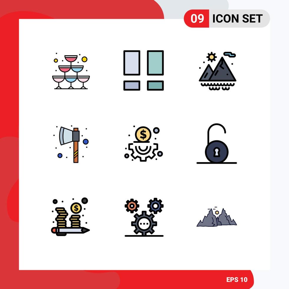 Pack of 9 creative Filledline Flat Colors of unlocked content mountains business hatchet Editable Vector Design Elements