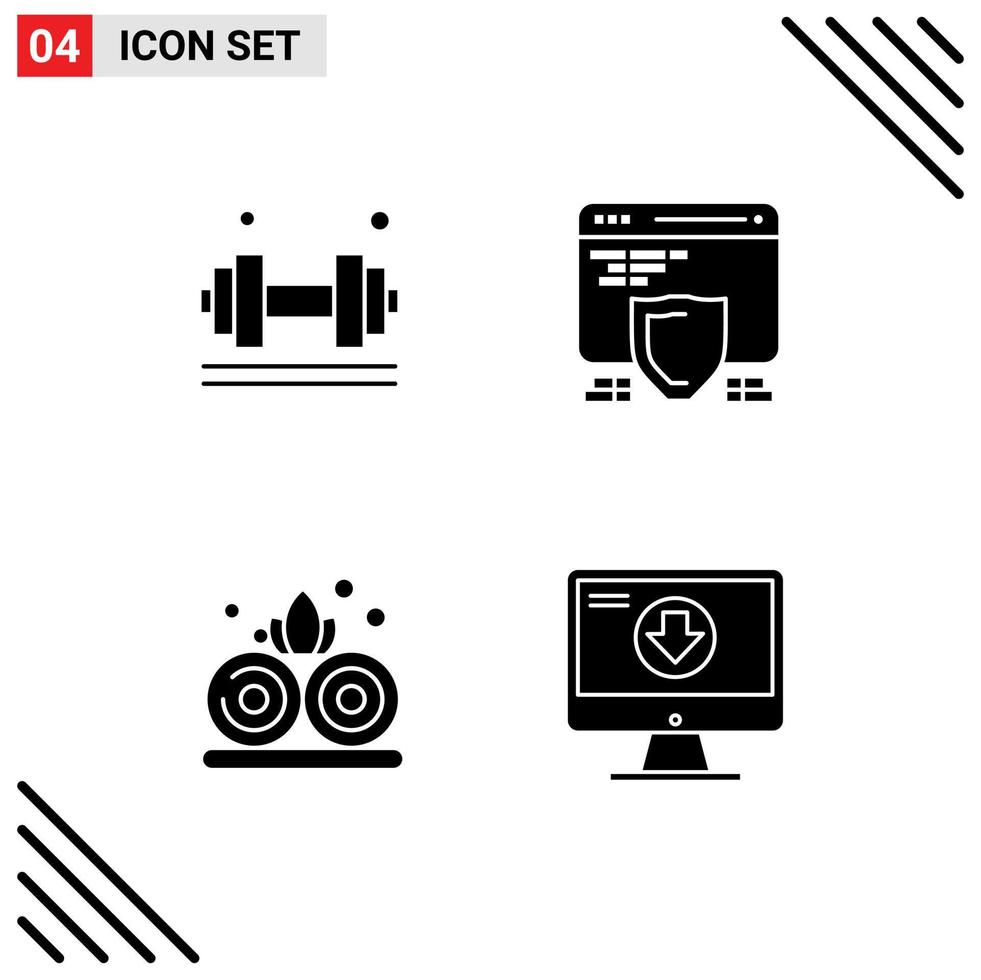 Universal Icon Symbols Group of 4 Modern Solid Glyphs of dumbell lotus gym seo plant Editable Vector Design Elements