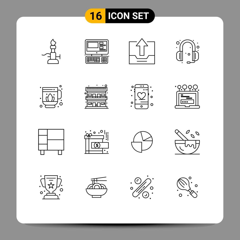 paquete de 16 signos y símbolos de contornos modernos para medios impresos web, como auriculares, auriculares, oficina de comunicaciones educativas, elementos de diseño de vectores editables