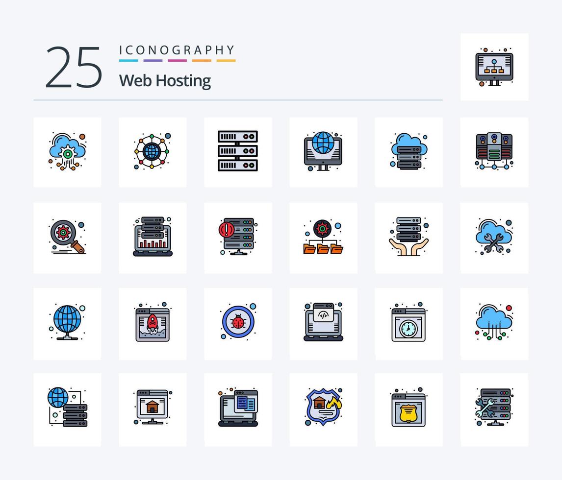 Web Hosting 25 Line Filled icon pack including internet. database. datacenter. web. internet vector