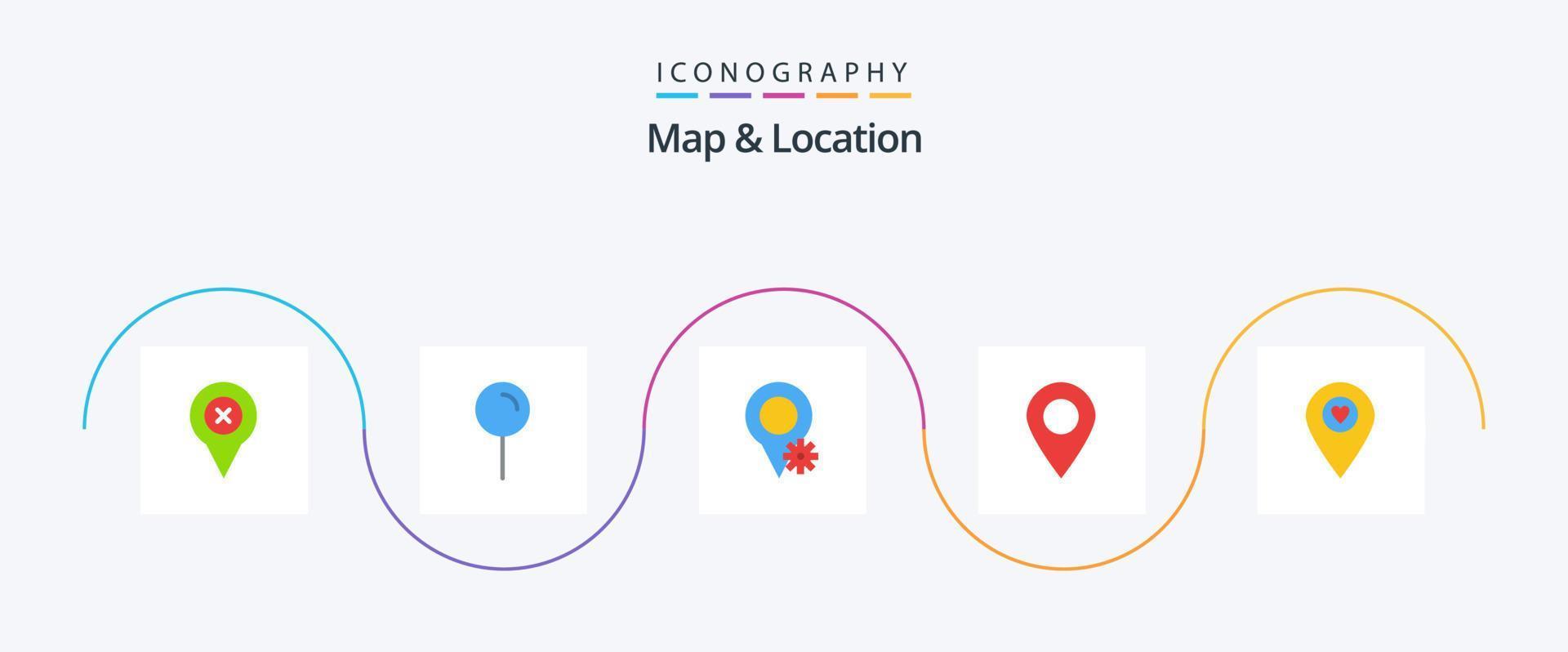 mapa y paquete de iconos planos de ubicación 5 que incluye la ubicación. alfiler. ubicación. marcador. ubicación vector